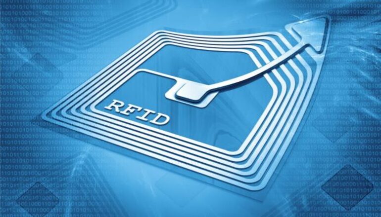 3D blue-toned graphic of an RFID inlay and microchip over a binary background, representing the core technology used in retail, healthcare, and logistics.