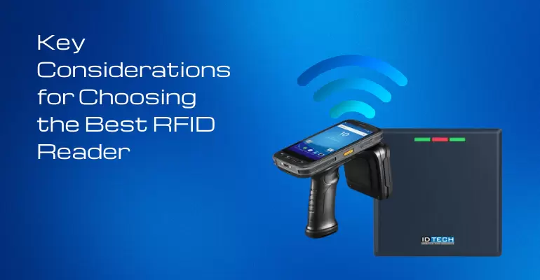 Graphic featuring a handheld RFID mobile computer with a pistol grip and a fixed ID TECH brand RFID reader against a blue background with the text "Key Considerations for Choosing the Best RFID Reader.