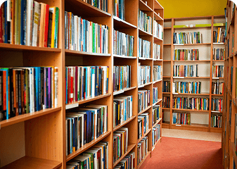 Library bookshelves organized for library management