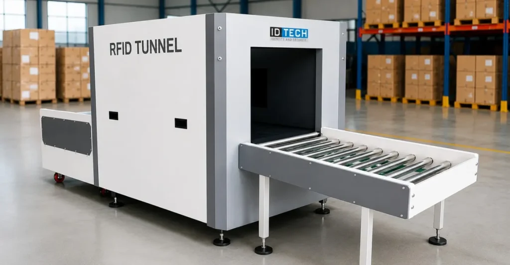 ID Tech RFID Tunnel Reader for automated bulk RFID scanning in warehouse conveyor systems.