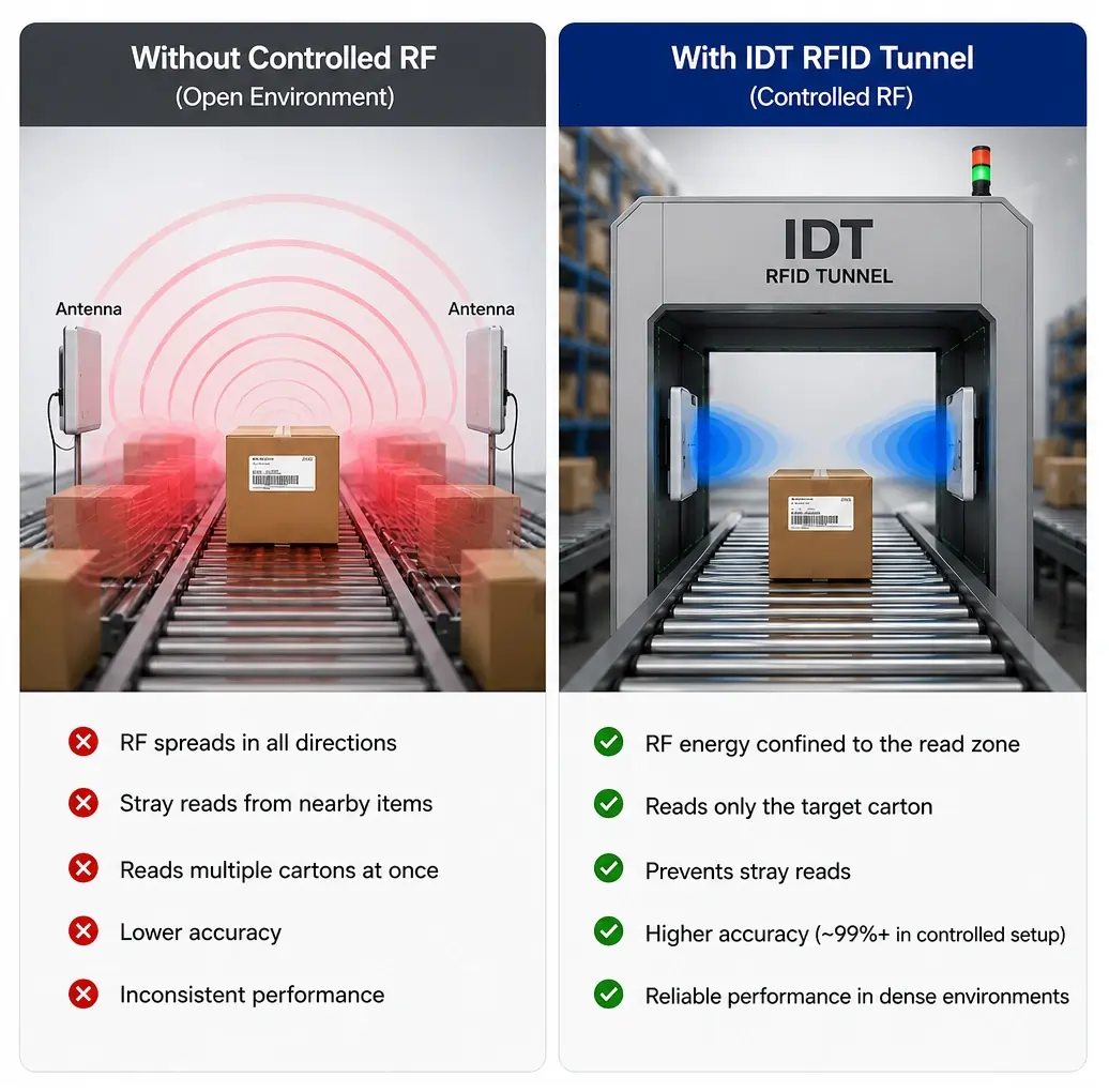 Comparison of open RFID scanning and controlled RFID tunnel for improved accuracy and reduced stray reads.