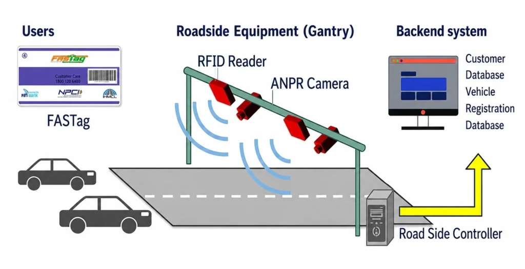 MLFF toll collection workflow using FASTag RFID reader, ANPR camera, roadside controller, and backend toll processing system