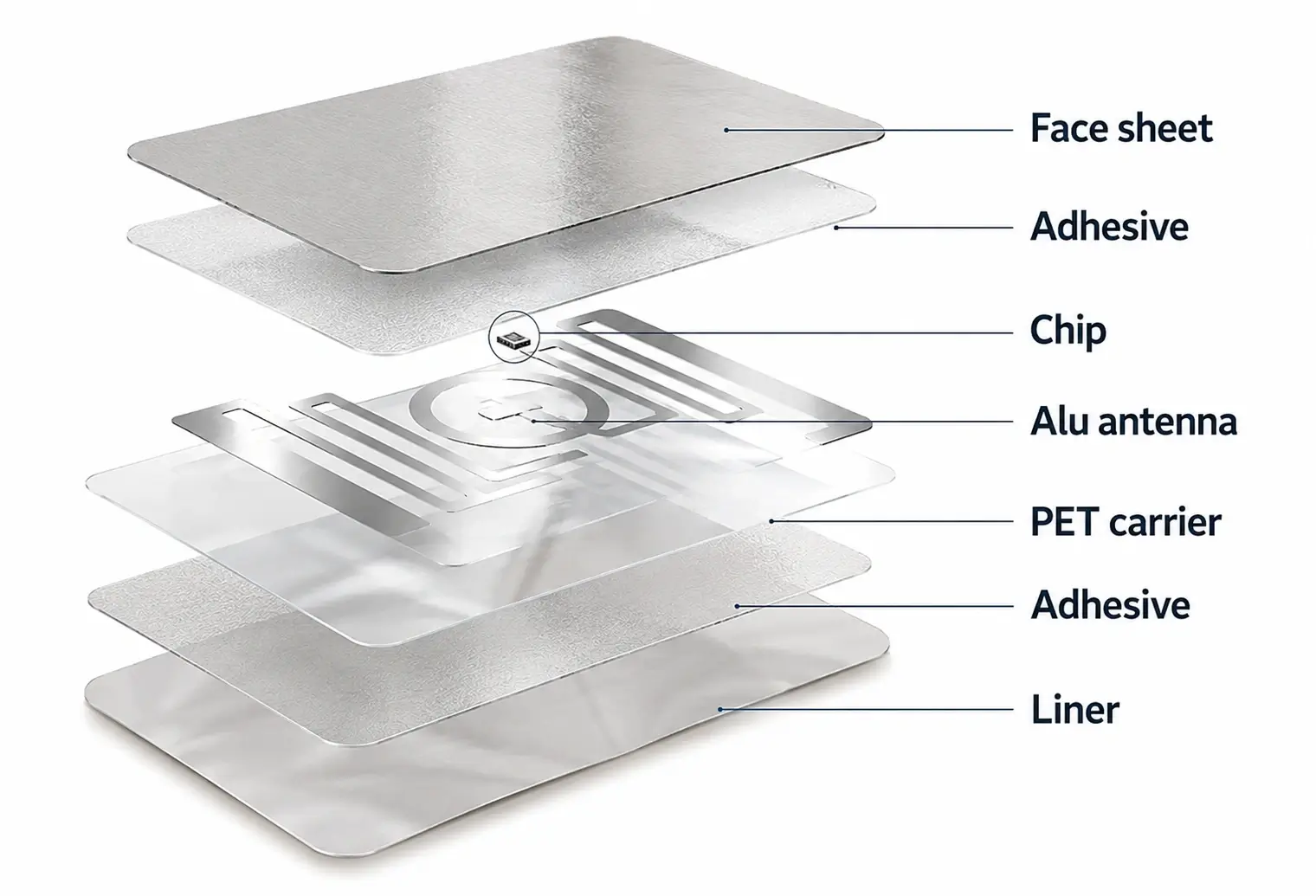 RFID tag internal structure diagram showing face sheet, adhesive layers, RFID chip, aluminum antenna, PET carrier, and liner components.