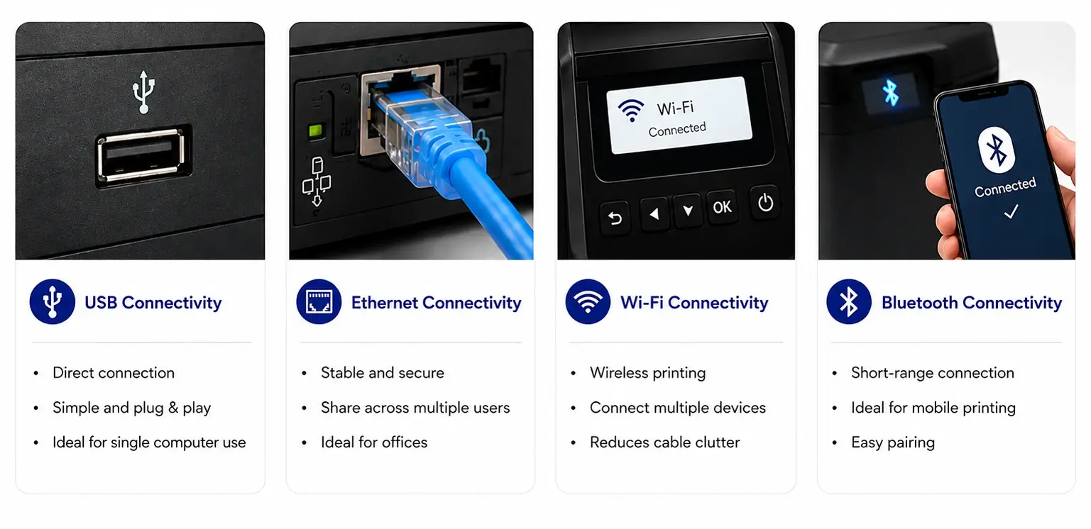 ID card printer connectivity options showing USB, Ethernet, Wi-Fi, and Bluetooth connections