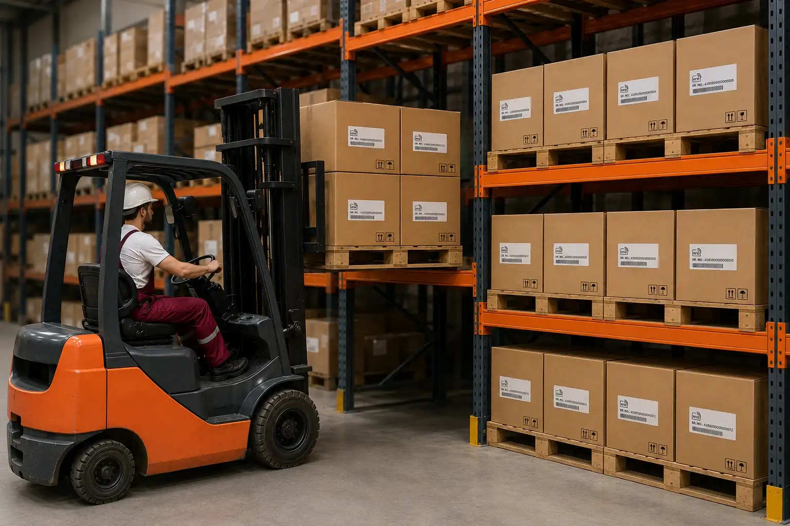 An orange and black forklift lifts a wooden pallet with cardboard boxes in a warehouse.