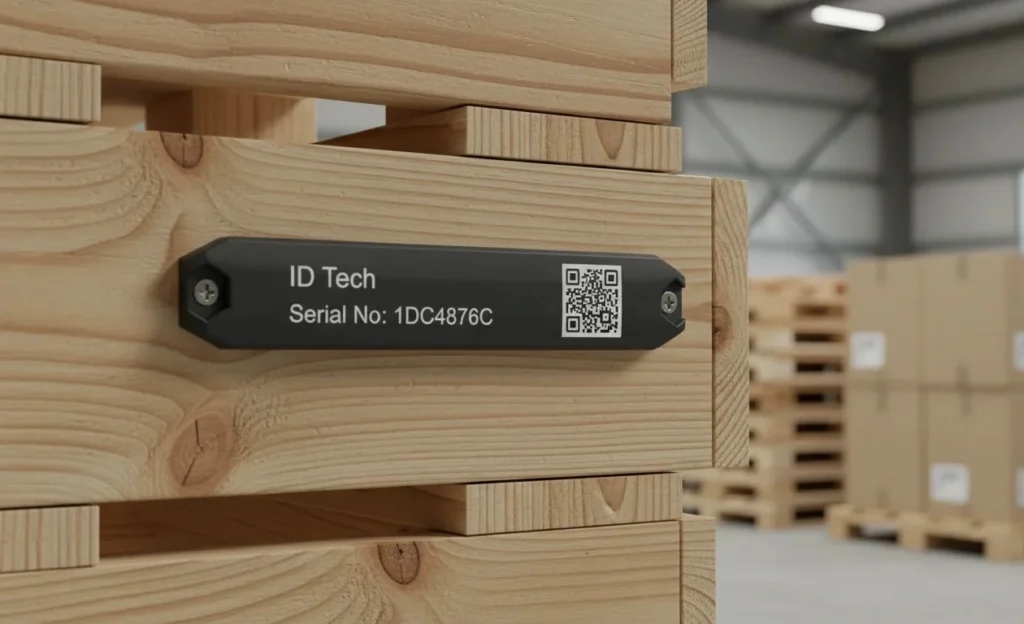RFID tag attached to a pallet for warehouse asset tracking