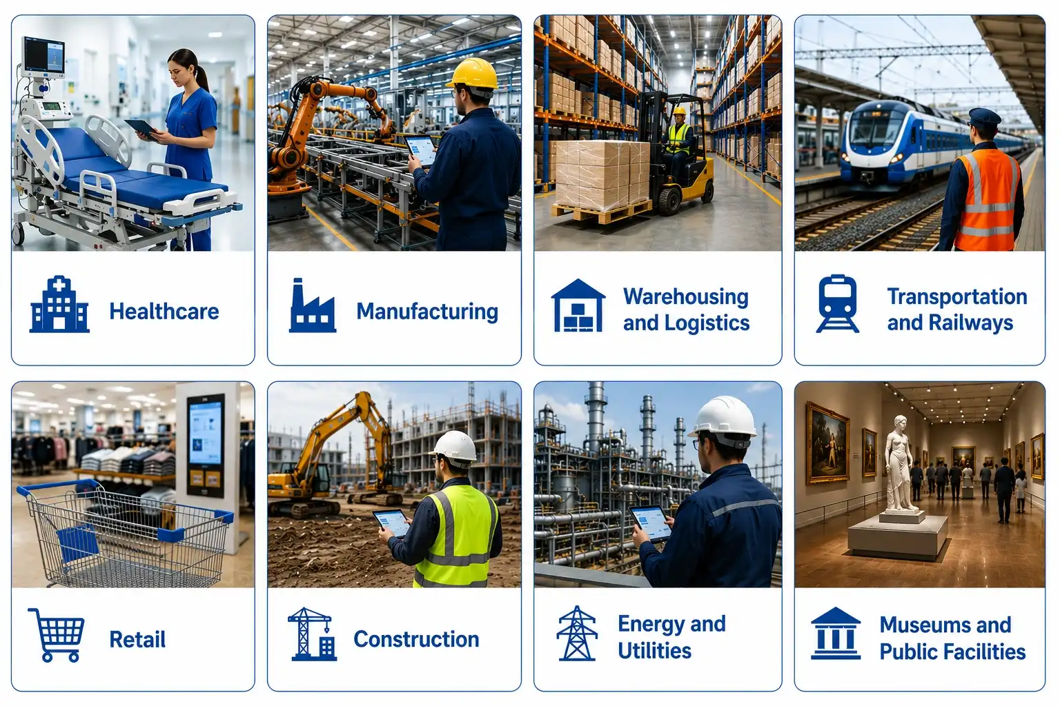 Industry applications of RTLS and RFID including healthcare, manufacturing, logistics, railways, retail, construction, energy and museums.
