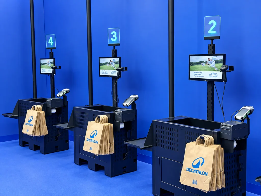 Decathlon RFID self-checkout kiosks with numbered stations for scan-free retail checkout