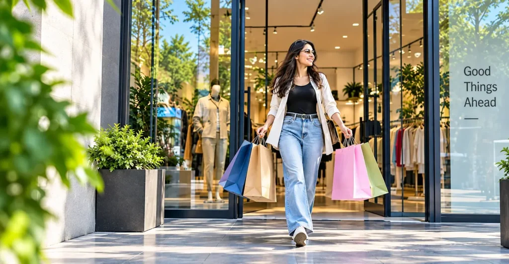 Shopper leaving a retail store with bags