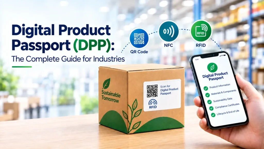 Digital Product Passport guide banner with QR code, NFC, and RFID data carriers