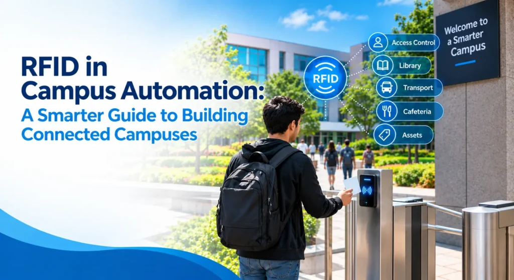 RFID campus automation: student tapping RFID card at smart campus entry gate