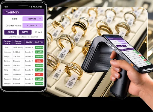 RFID handheld scanning jewellery inventory at display counter with app dashboard